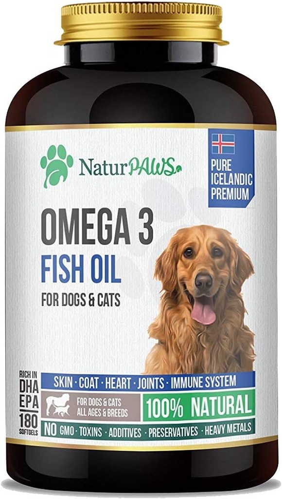 Tambahan Minyak Ikan Omega 3 untuk Anjing dan Kucing - 1000 mg DHA murni dan EPA Omegas - Menyediakan Coat Sehat dan Skin, Heart, Imune System, Joints and Hip - 180 softgels
