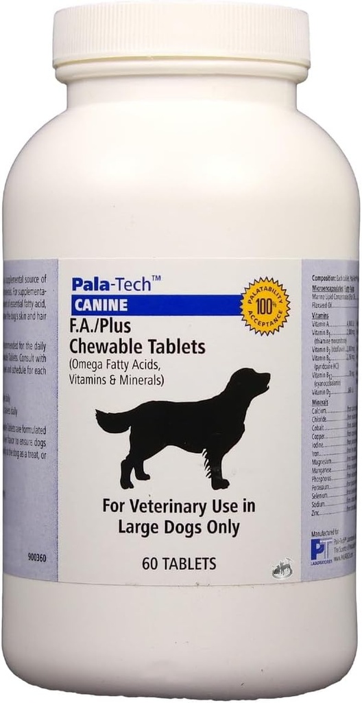 Pala-Tech FA Plus Chew Tabs for Large Dogs - Supports Skin, Coat ' Allergy Relief - Dog Vitamins and supplements with Omega-3 " 6 Fatty Acids - 60 Ct, Roast Beef Flavor