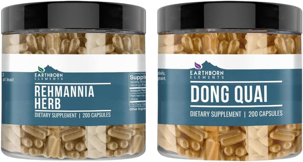Elemente născute pe Pământ Rehmannia Herb și Dong Quai Bundle, 200 capsule fiecare, pur și nediluat, fără aditivi