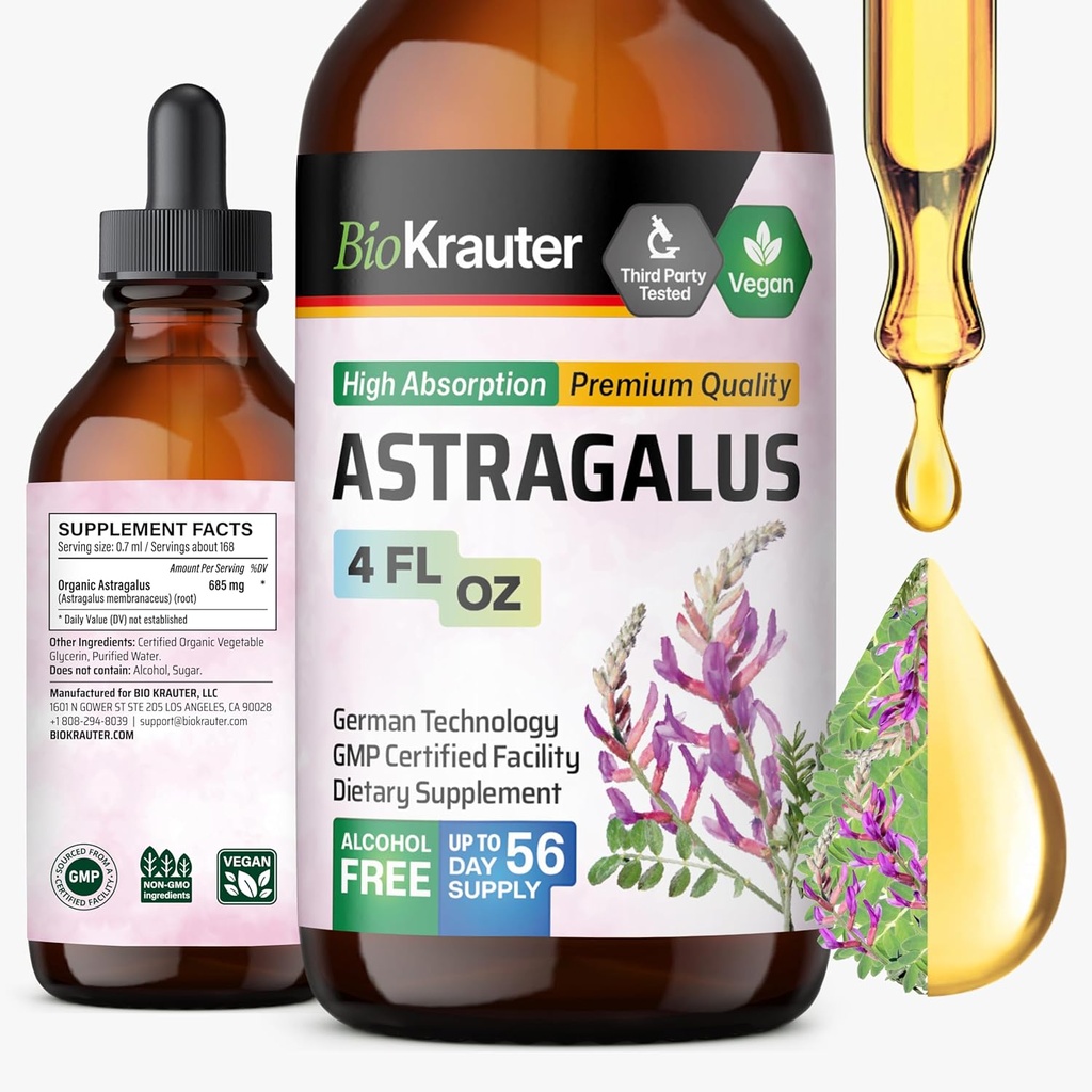 BIO KRAUTER Astragalus Tincture - Immune Support üçün Astragalus Kök Ekstraktı - Alkol və Sugar Free - Yüksək Aboreksiya - Vegan Drops 4 Fl.Oz.
