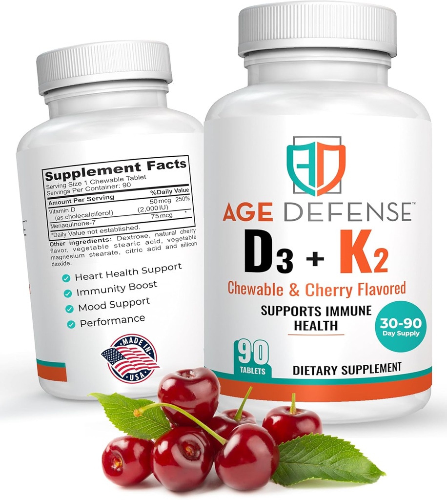 Vitamin D3 2000 IU dengan K2-90 Tablet Chewable dengan Cherry Flavoring-Natural Energy Booster- Support Vitalitas, Kesehatan Abadi, & Overall Wellnessss- Vitamin D3 dengan Vitamin K2 untuk Pria & Perempuan