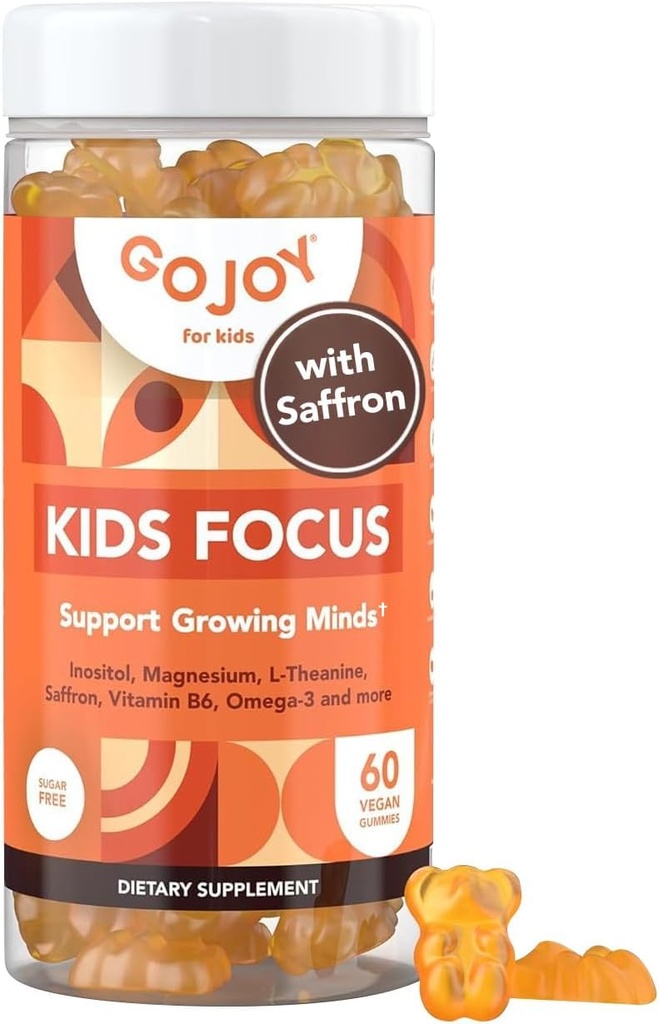 GOJOY NATURALS Kids Focus Gummies – Saffron, Magnesium Glycinate, L-Theanine & Inositol Supplement for Kids & Teens – Focus, Attention & Calm – Vegan, Sugar-Free, Non-GMO