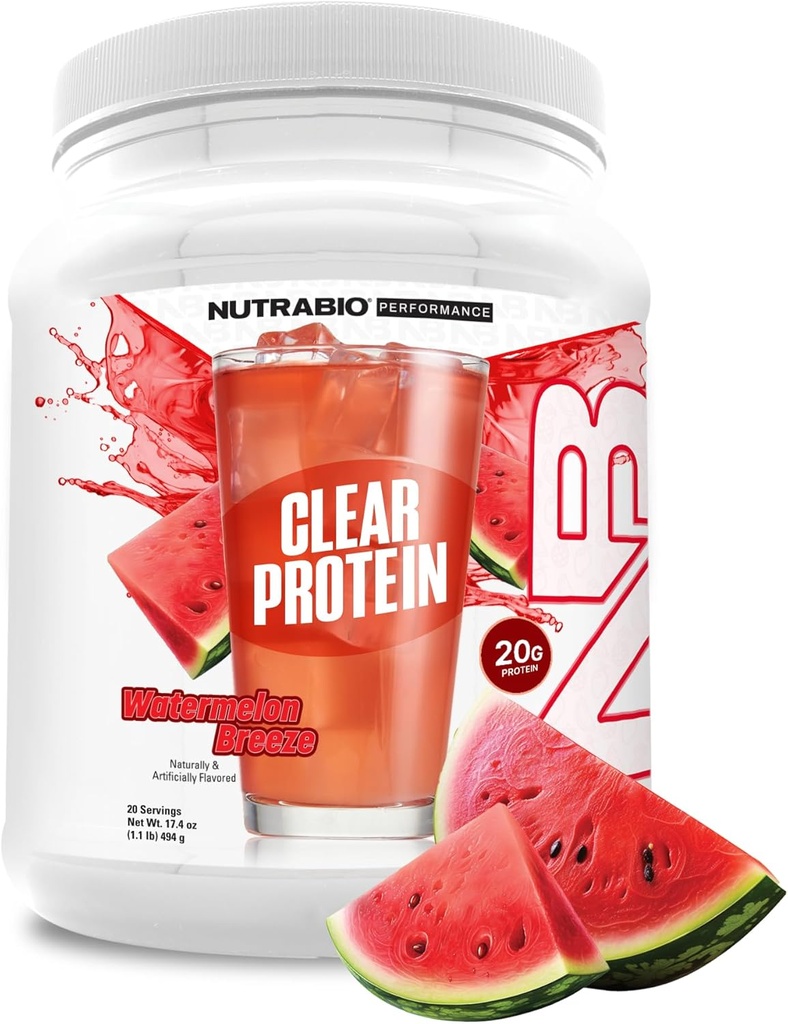 NutraBio Clear Protein Powder, Watermelon Breeze - 20 Servierungen, 20g klares Whey Protein Isolate, 0 Zucker, 0g Lactose, Refreshing Fruit Flavors, GLP1 Unterstützung -Bone Health - Muskel Post Workout Erholung