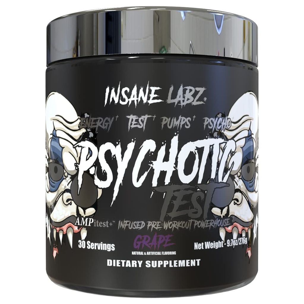 Insane Labz Psychotic Test, High Stim Testosterone Energy and Pump Boosting Pre-Workout Powder with DMAE Bitartrate, D Aspartic Acid, Creatine HCL and Glycerol Monostearate, 30 Servings (Grape)