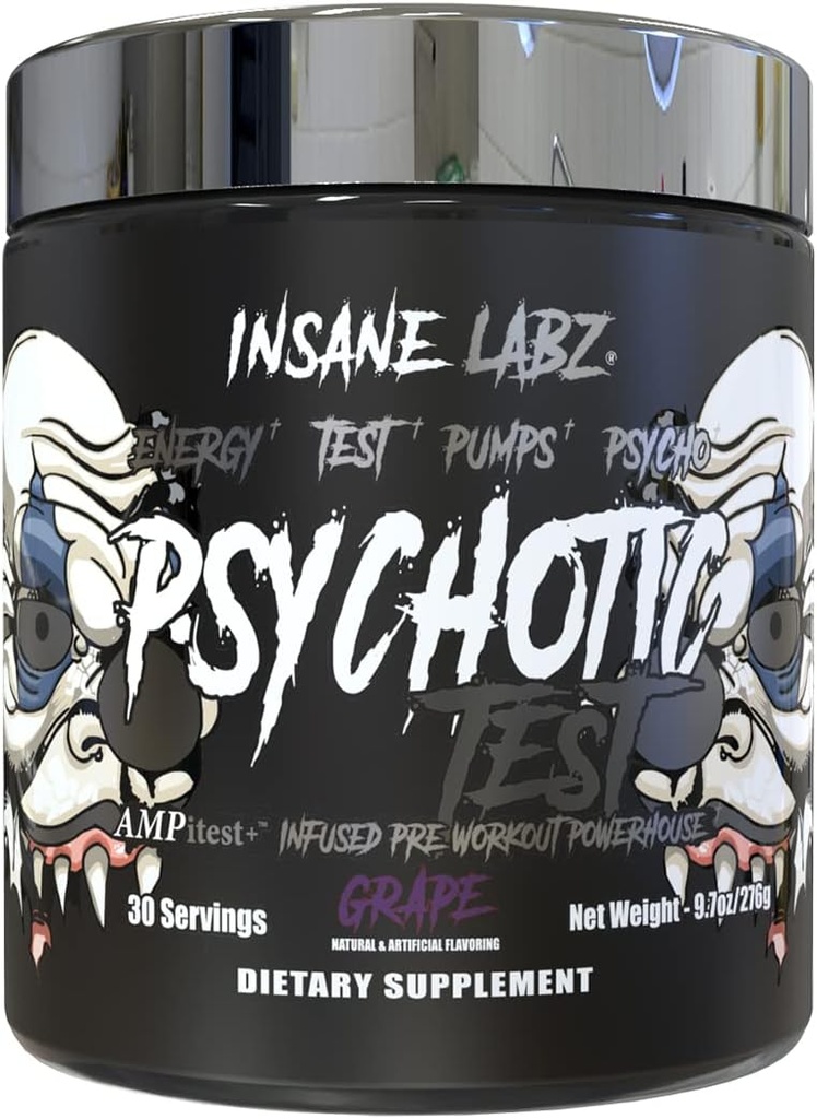 Insane Labz Psychotic Test, High Stim Teststerone Energy and Pump Boosting Pre-Workout Powder with DMAE Bitarth, D Aspartic Acid, Creatine HCL and Glycle Monostearate, 30 Servings, Grape