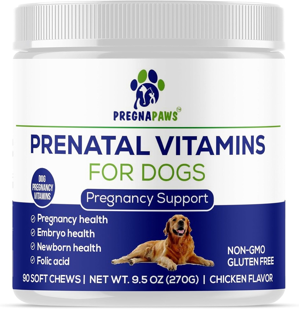 Dog Prenatal Vitaminer - Stöder Hälsosam Graviditet, Valp Utveckling & Laktation - Rik i Folsyra, Järn & Kalcium - Avancerad Prenatal Supplement för Gravida och Sjuksköterskor - 90 Mjuka Chews