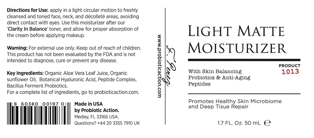Probiotic Action® Light Matte Moisturizer - Probiotic help prevent Acne, Rosacea, and Eczema. The Probiotic and Peptide Maintains the glow, softness, and tightness of clear skin.