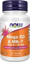 Now Foods Supplements, Mega D-3 & MK- 7 med Vitaminer D-3 & K-2, 5000 IE / 180 mcg, Bone & Cardiovaskulær Support *, 60 Veg kapsler