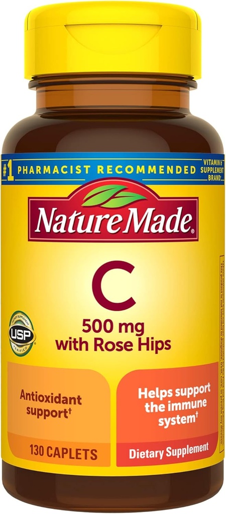 Nature Made Vitamin C 500 mg s Rose Hips, dodatek stravy pro imunitní podporu, 130 Kaplety, 130 denní zásobování