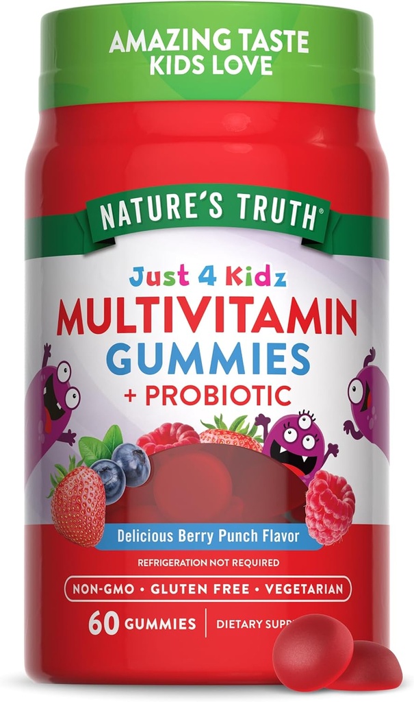 Naturaren Egia Kids Gummies Probiotikoekin | 60 Count | Berry Punch Flavor | Vegetarian, Ez Gluten Free Supplement