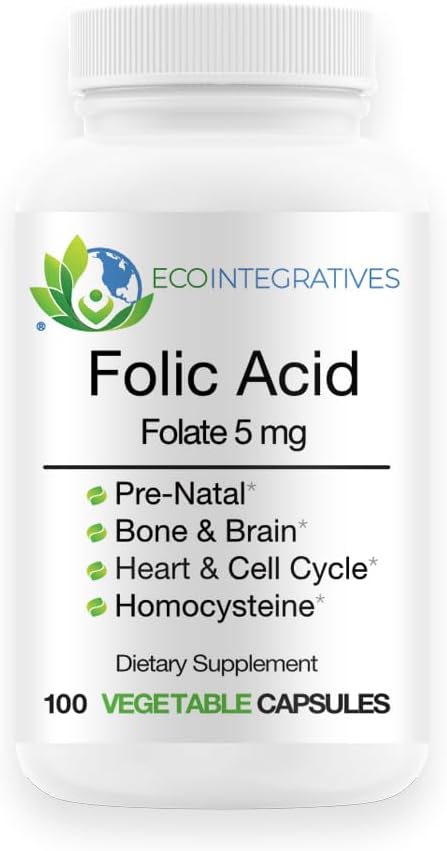 Folic Acid Folate 5mg (B9) Prenatal, Reproductive Health, Homocysteine, Metabolism, Cardiovascular, Bone, Immune Support, Allergen Free, Non GMO - 100 Vegan Capsules