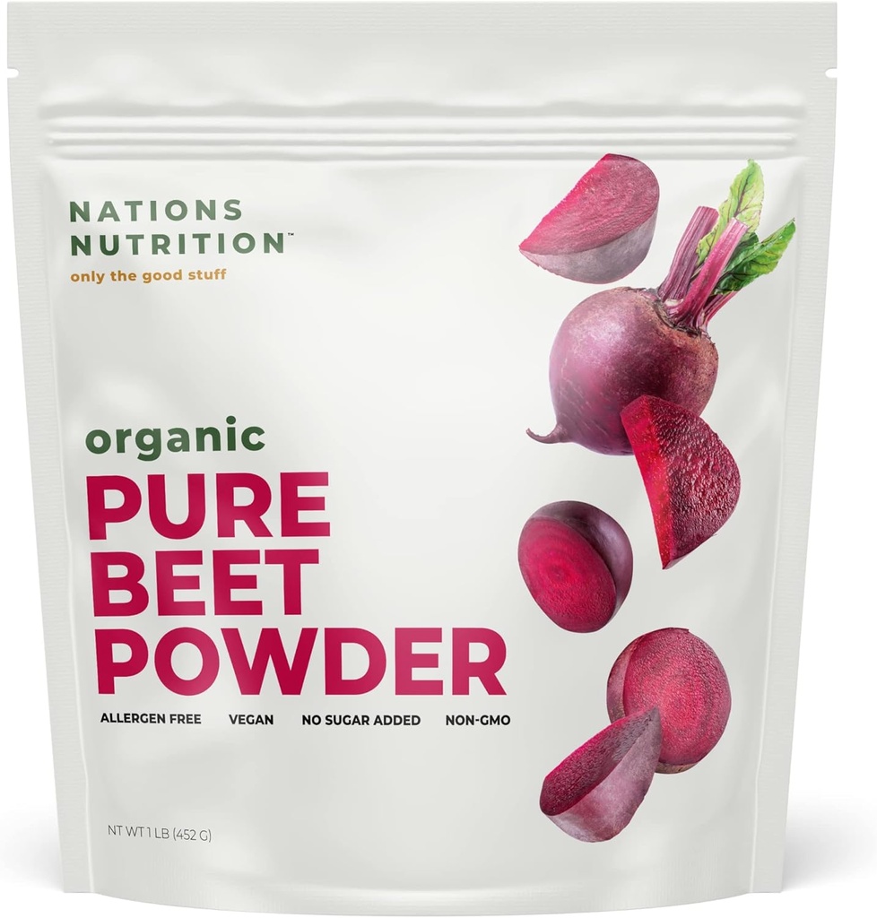 Pure Beet Root Powder Organic - Nitric Oxid Circulation Superfood, støtter blodflow og hjerte helse - Økt utholdenhet og naturlig energi, 30+ Serveringer (1 LB Bag)