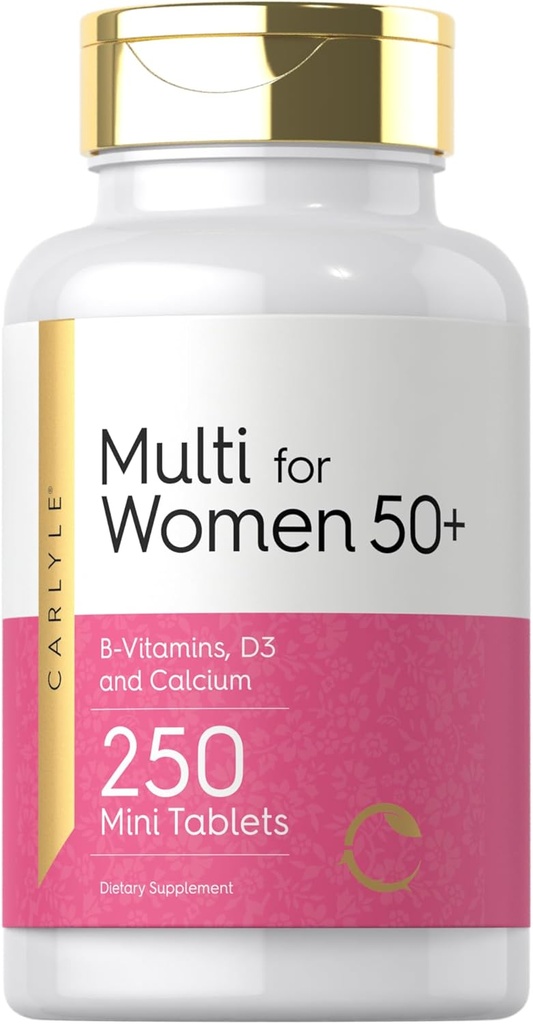 여성용 Carlyle Multivitamin 50 Plus | 250 미니 타블렛 | 아이언 프리 보충 | 비타민 A, B12, C, D3, Folate (Folic Acid 포함) 및 칼슘 | 비 GMO, 글루텐 무료