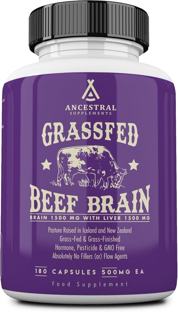 Esi-isien lisäravinteet Grass Fed Beef Brain Supplement with Beef Liver, Koko ruoka aivot Tuki edistää aivot, mieliala, ja muisti terveys, aivot ja maksan terveyden Formula kapselit, ei-GMO, 180 kapselia