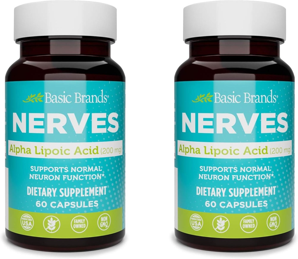 Marcas básicas Ácido Lipoico alfa 200mg - Potente Antioxidante ALA Suplemento para la función sana del nervio " Metabolismo - 60 cápsulas - 2-Pack