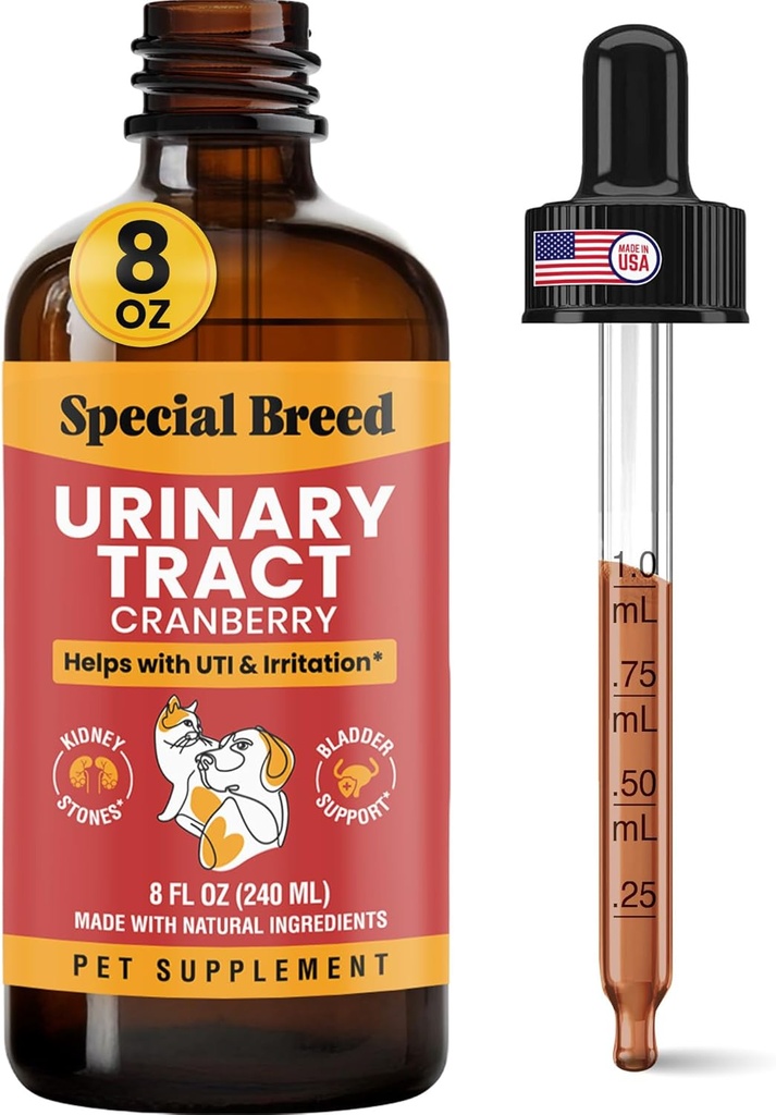 8 Tratamiento de Infección de Tractos Urinarios de onza para gatos y perros - Extremo de gotero graduado (1/4 ML hasta 1 ML) Suplemento de UTI de arándano, Apoyo para el riñón y la vejiga, 8 oz