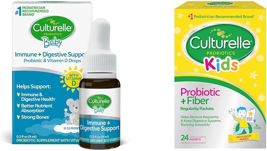 Culturelle Baby Имунен & Digestive Support Probiotic + Витамин D Drops, 30 Дневни доставки Деца пробиотик + фибри Packets, 24 Брой