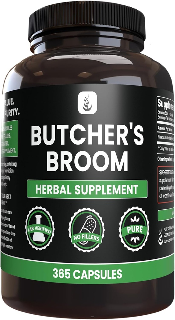 Pure Original Materiallar Butcher's Broom (365 Capsules), No mühəndis və ya Rice Doldurucular, Həmişə Pure, Lab