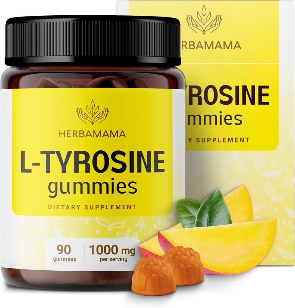HERBAMAMA L-Tyrosine Gummies - 1000mg L-Tyrosine for Brain Clarity Support - Vegan, Non-GMO Energy and Focus Supplement - 90 Pectin-Based Mango-Flavored Chews