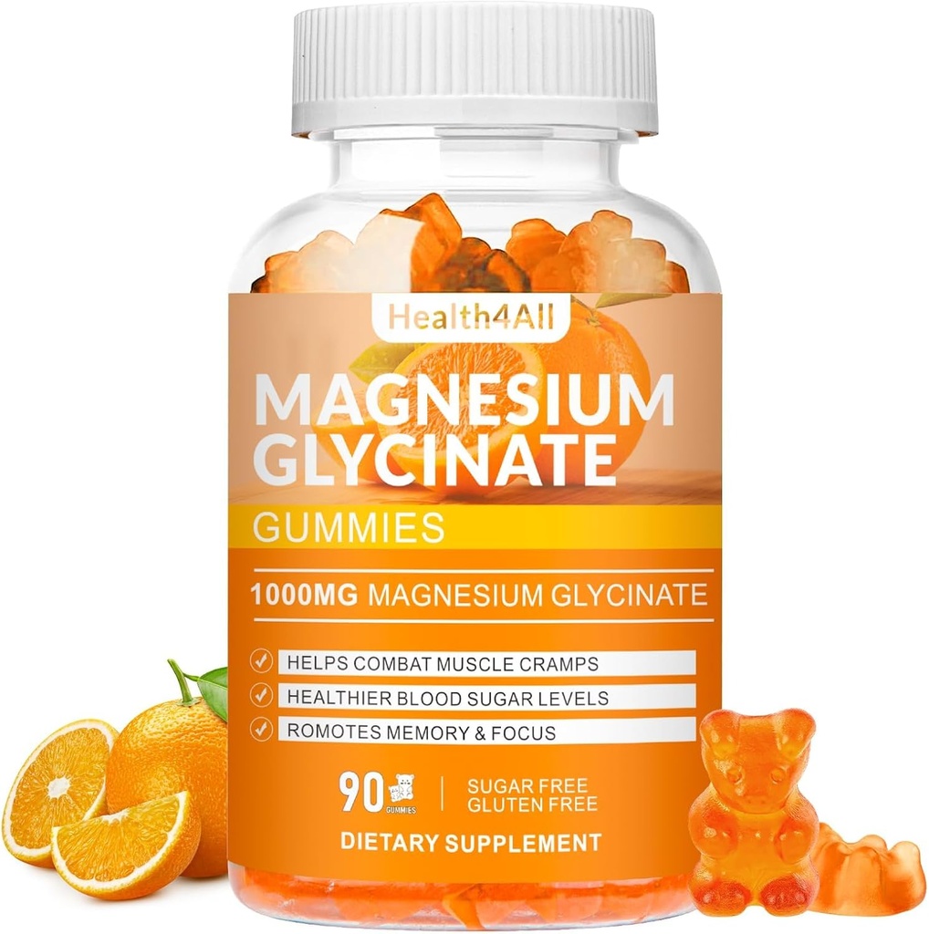 Magnesium Glycinate Gummies 1000mg, høy absorpsjon sukker gratis magnesium Kalium Supplement for avslapping, stress relief og søvn støtte for voksne og barn - 90 Orange Gummies