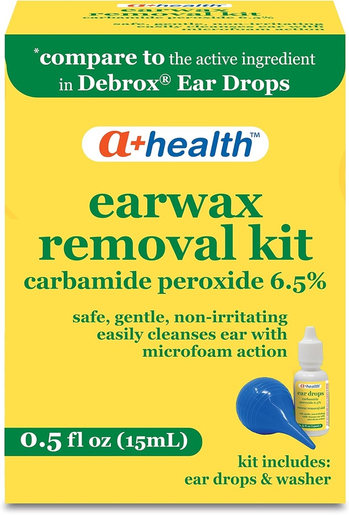 A+Health Earwax Removal Kit, Carbamid Peroxid 6,5%, Made in USA, Drops and Ear Bulb Syringe, 0.5 Ounces
