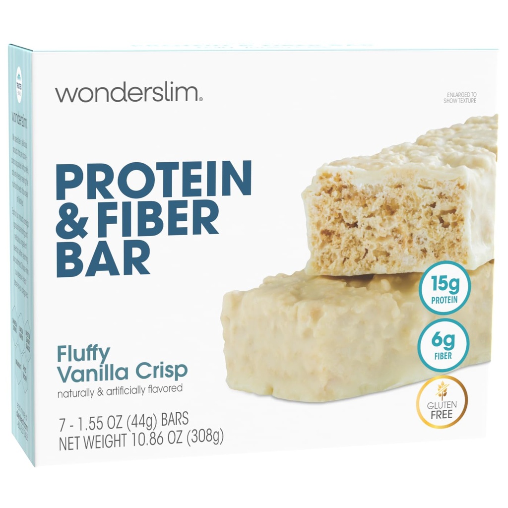 Wonderslim alta fibra proteína barras, Baunilha Fluffy Crisp 15g proteína, 6g de fibra de açúcar, baixo carboidrato, saudável indulgência, Satisfação, Suporta energia e Conveniência on-the-Go, 7 Pack