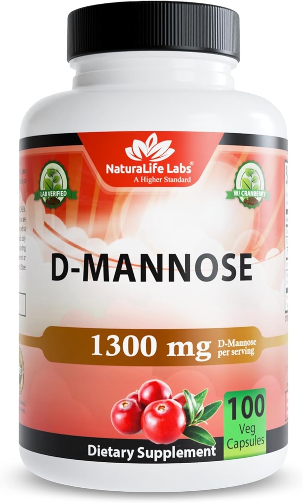 NaturaLife Labs Organic D-Mannose 1300 mg con estratto di mirtillo biologico 100 mg per porzione – 100 capsule – Non OGM, Senza glutine, Vegan