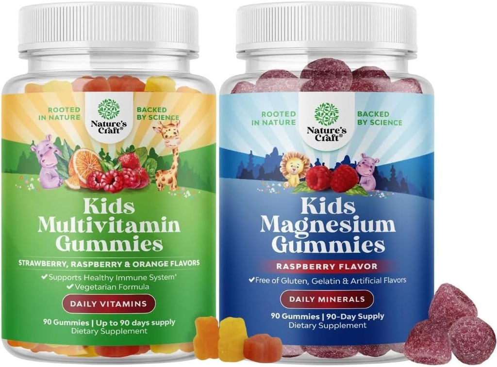 Bundel van kinderen Multivitamine Gummies voor Immuniteit Ondersteuning met vitamines A C D3 E B en zink en kinderen Magnesium Gummies - Kalm ontspannen Mag Citrate met Raspberry Flavor voor nerve & Heart Health
