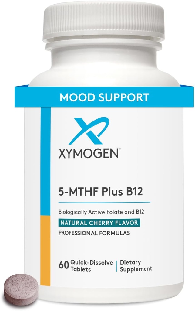XYMOGEN 5-MTHF Plus B12 - Folato bioloxicamente activo + Metil B12 (Methylcobalamin) para apoiar a metilación e a saúde do sistema nervioso - Flavor de cereixa de gran sabor (60 comprimidos de disolución rápida)