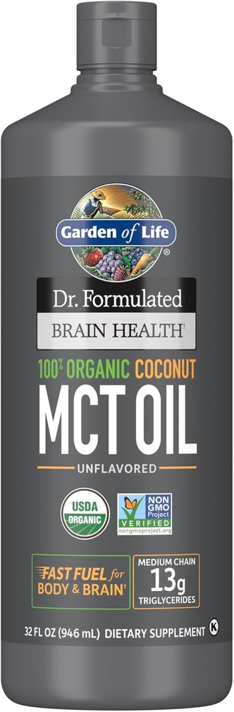 Garden of Life Dr. Formulated Brain Health 100% Organic Coconut MCT Oil 32 quid oz Unfeatured, 13g MCts, Body & Brain Fuel, Sertifikasi Non-GMO Vegan & Gluten Bebas, Hexane- Free