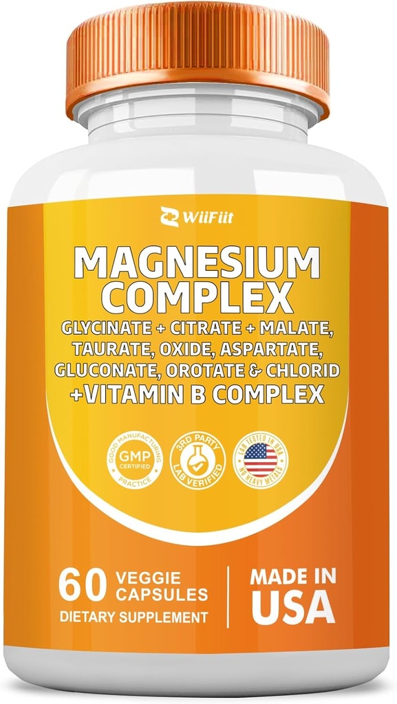 Integratore complesso di magnesio, Clycinate 141mg Ossido 228mg Malato 58.5mg Citrato 62.4mg con Orotate Glycina Taurate Chloride Aspartate Gluconate Vitamina B, Integratori minerali 60 capsule