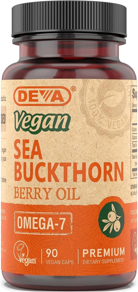 DEVA Vegan Sea Buckthorn, Berry Oil 500mg, Cold-Pressed, Unrefined, Rich i Omega-7, 90 kapslar, 1-Pack