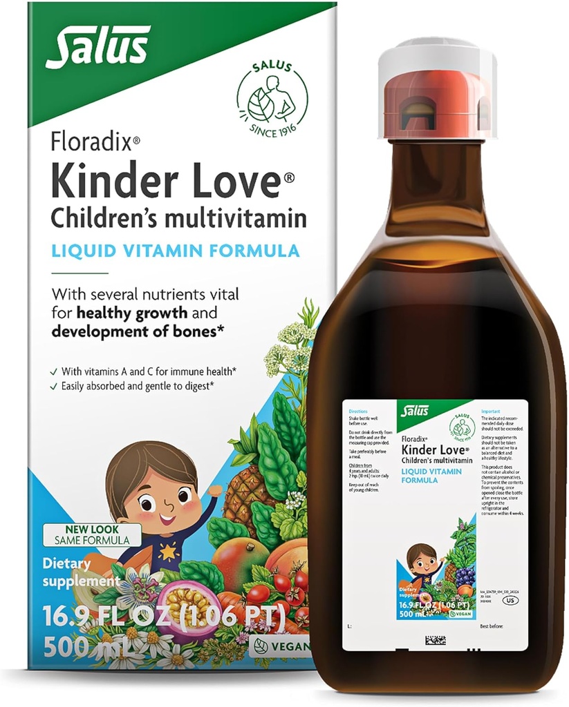Floradix Kinder Love Children's Multivitamin - Herbal Supplement - Liquid Multivitamin for Kids - Vitamins A, C, D & E, Calcium & E - Vegetarian, Ez-GMO, Gluten-Free - 16,9 fl oz