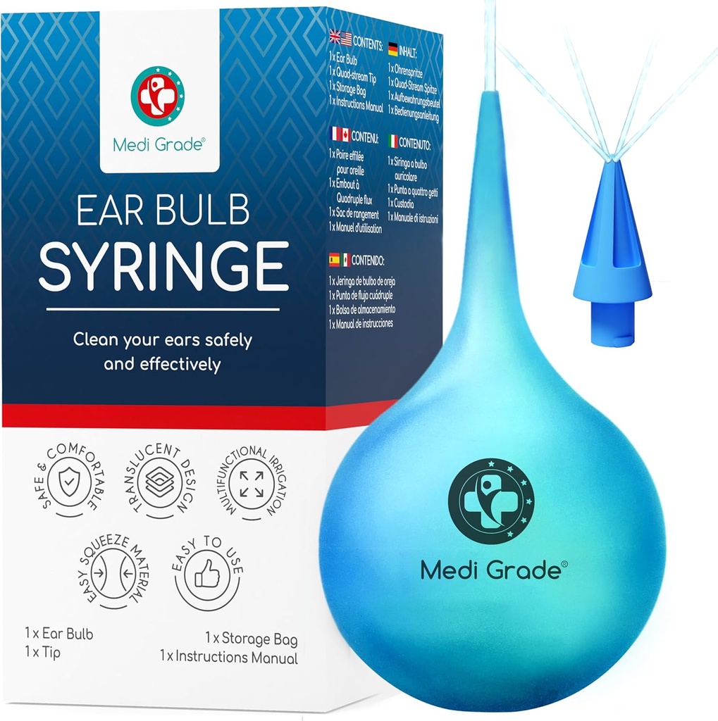 Medi Grade Ear Bulb Syringe - Effektiv Ear Wax Removal Tool med tillägg Quad-Stream Tips - Travel-Friendly Ear Cleaning Kit för Gentle Ear Cleaning - Ear Flusher för öronvax - 2.54 fl oz
