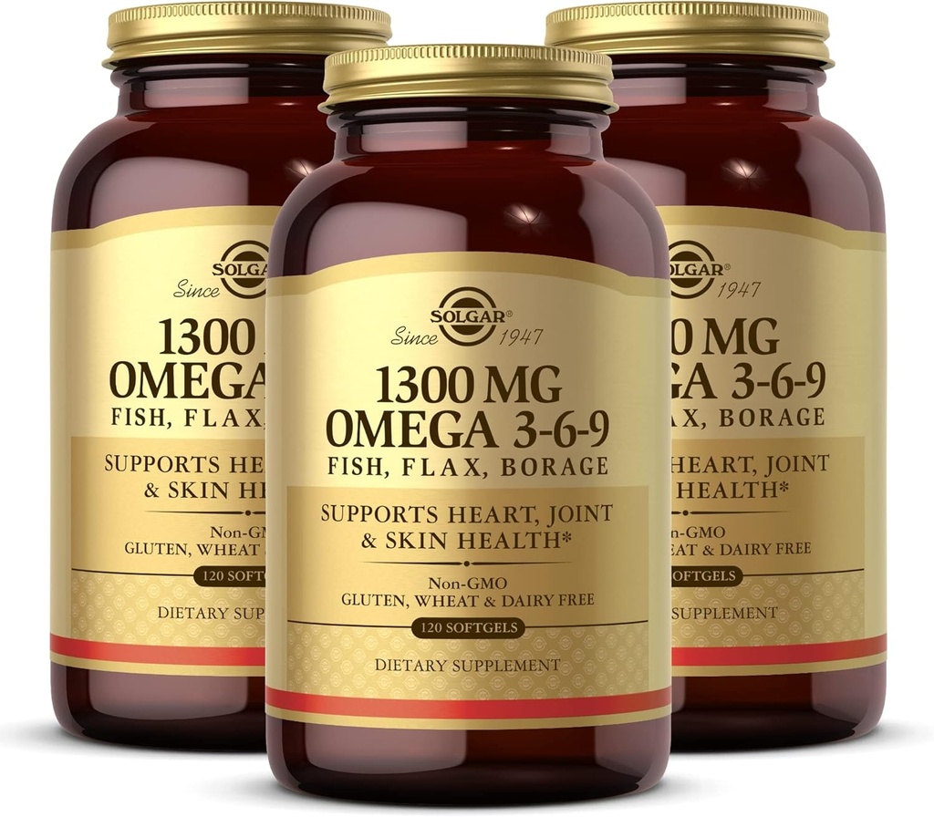 Solgar 1300 mg Omega 3-6-9, 120 Softgels (Pacote de 3) - Suplemento de óleo de peixe - Suporte para a saúde articular e da pele - Inclui linhaça e Boragem - Contém EPA & DHA Omega 3 ácidos gordos - 120 Total Servings