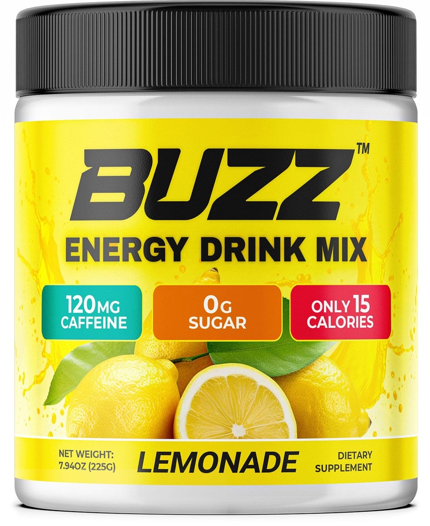 Morning Buzz Energy Drink Powder - Sugar Free Energy Drink Mix - Pre Workout Drink Mix with 18 Vitamins & Minerals, No Jitters, No Crash - Gluten Free, No Artificial Dye, Original Lemonade Flavor