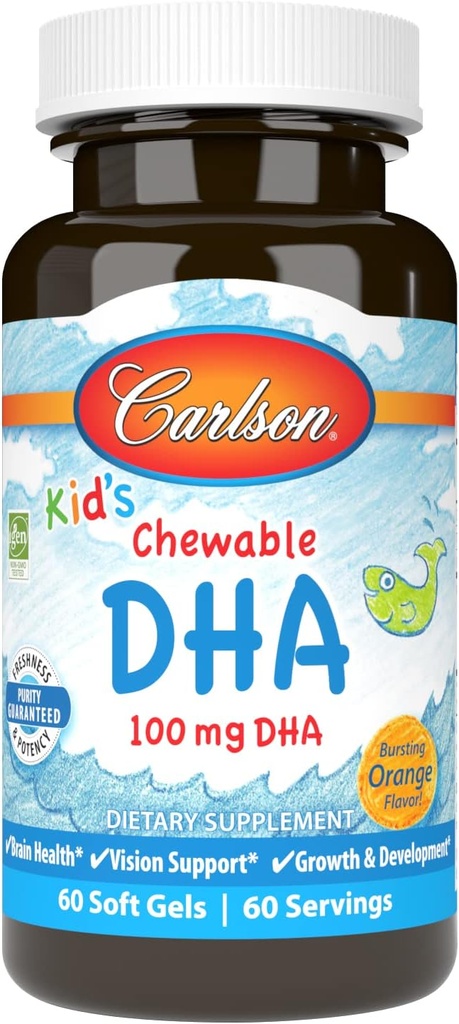 Carlson - Kid's Chewable DHA, 100 мг DHA, Brain & Vision Function, Growth & Development, Orange, 60 Chewable Softgels