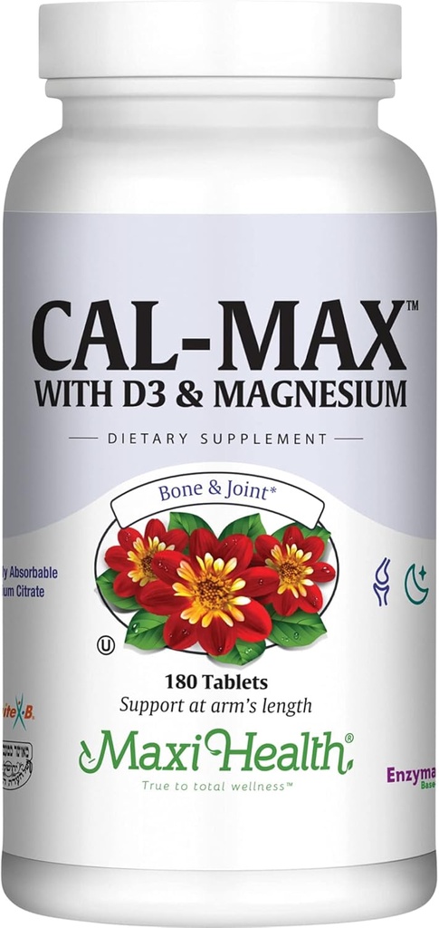 Maxi Health Calcium 1000 mg D3-vitamiinilla (400 IU) ja magnesiumilla (750 mg) - Cal Max Dietary Supplement for Bone, Hampaat ja Joint Support - miehille ja naisille - 180 tablettia