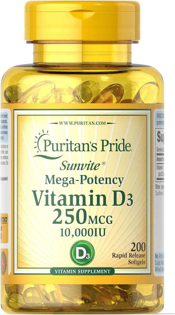 Puritan의 Pride 비타민 D3 250 mcg (10,000 IU) Softgels, 200 조사