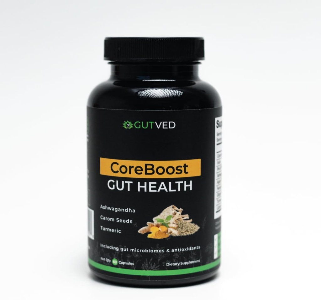 Gut Health Supplement Coreboost with Ashwagandha, Carom Seeds, Turmeric - Prebióticos y Probióticos para Mujeres Hombre - 2 Billones CFU-Mejor para la Salud Digestiva, Bloating Relief, Gas Reduction