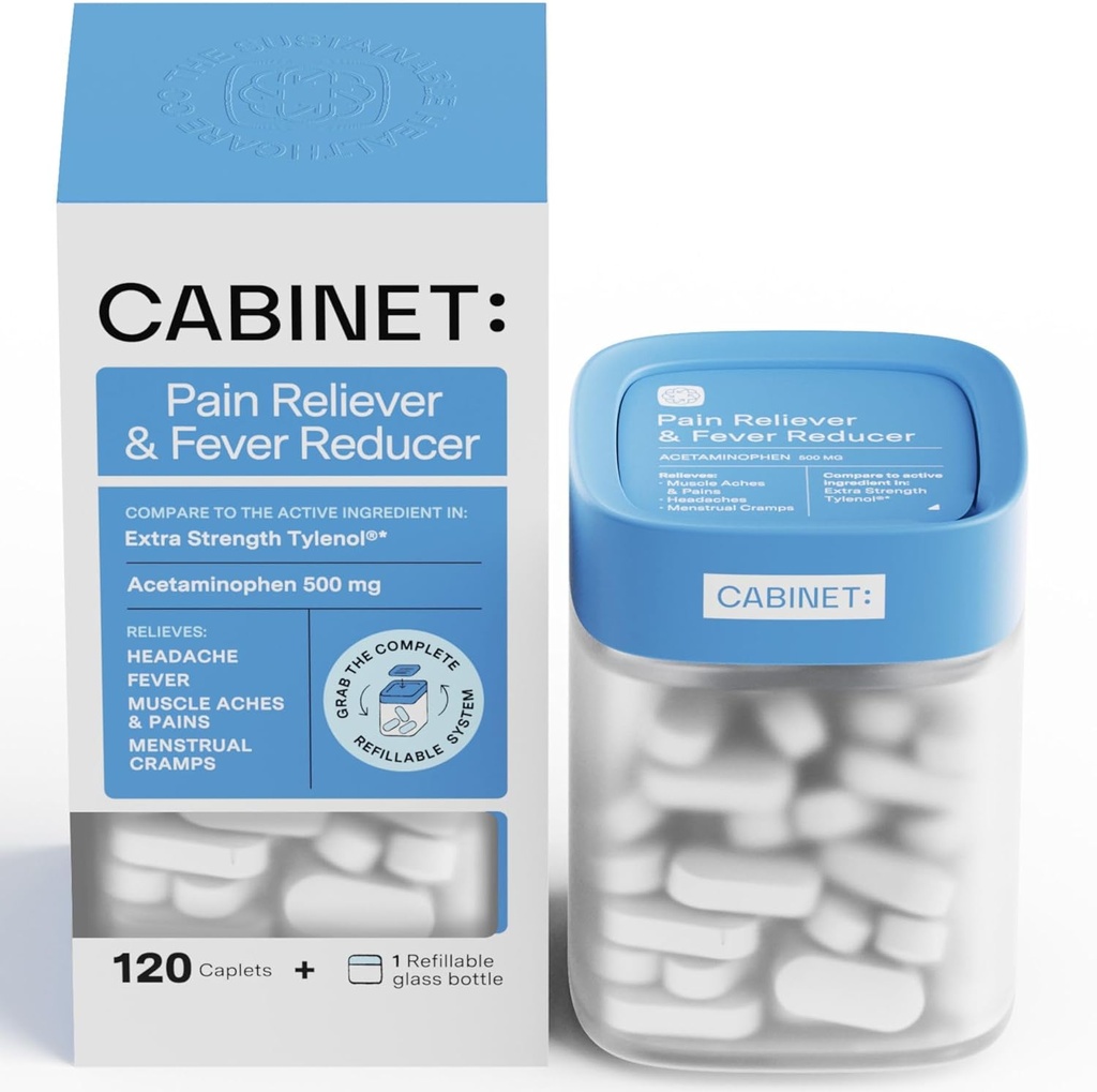 Cabinet: 500mg Acetaminophen for Headache Relief, Toothaches, Sore Throat, and Fever Reducer, Includes 1 Refillable Medicine Jar, 120 Tablets (Starter Kit)
