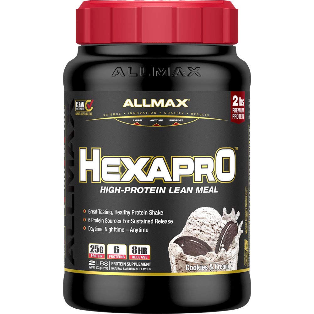 ALLMAX HEXAPRO, Cookies & Cream - 2 lb - 25 Grams of Protein Per Serving - 8-Hour Sustained Release - Zero Sugar - 21 Servings