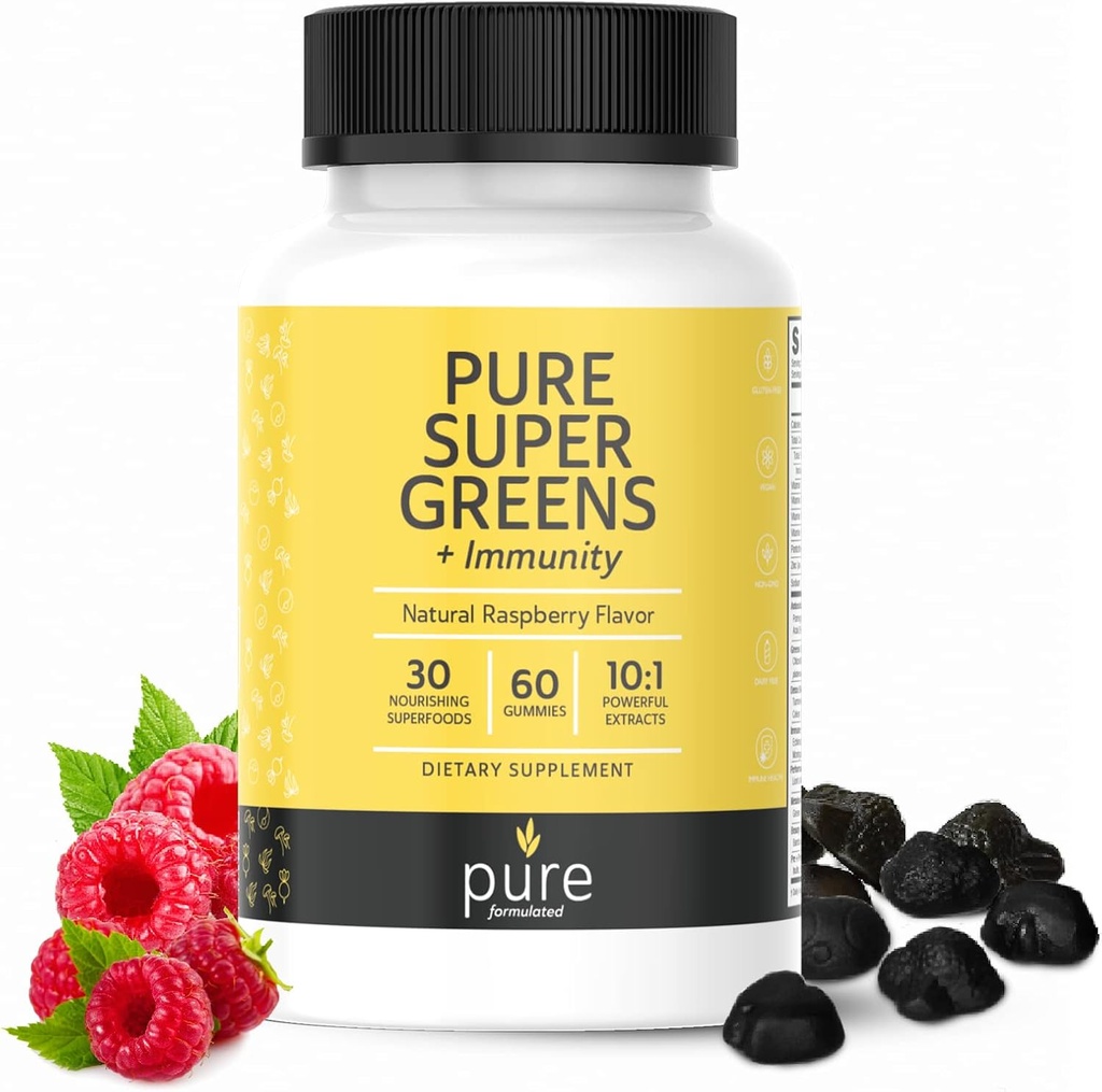 Super Greens Multivitamin Gummies for Adult and Kid Ammune Support Gummies - 30 Superfood Vegan Suplemen - Raspberry Flavor (60 Count)