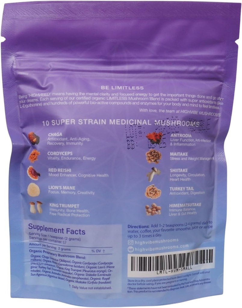 Highvibe Mushrooms Limitless Mushroom Powder, 10-in-1 Mushroom Blend, Full Spectrum Mycelium and Fruiting Body, Organic, Vegan, Kosher, GF, Focused Energy