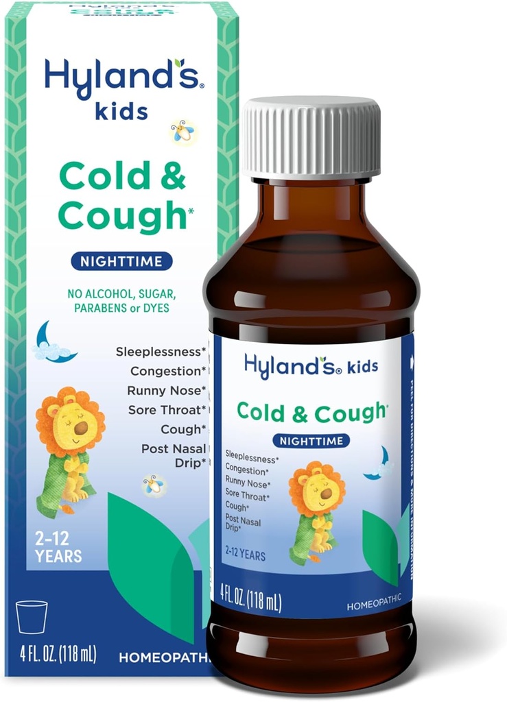 Hyland's Kids Cold and Cough, 为2岁及以上儿童提供夜间咳嗽糖浆药, Decongestant, Sore Throat relief and Sleeply, Relief of Common Cold Synmptoms, 4 Fl Oz