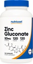 Nutricost 아연 Gluconate 120 채식 캡슐 (50mg) - 글루텐 무료 및 비 GMO