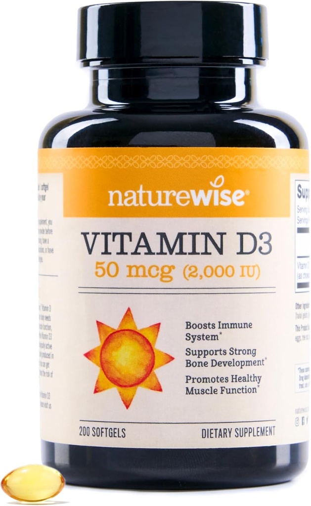 NatureWise D3-vitamin 2000iu (50 mcg) 200- napos ellátmány immuntámogatás, egészséges izomműködés, és csontegészség - Non-GMO, glutén mentes szerves extra szűz olívaolaj, (Mini Softgel), 200