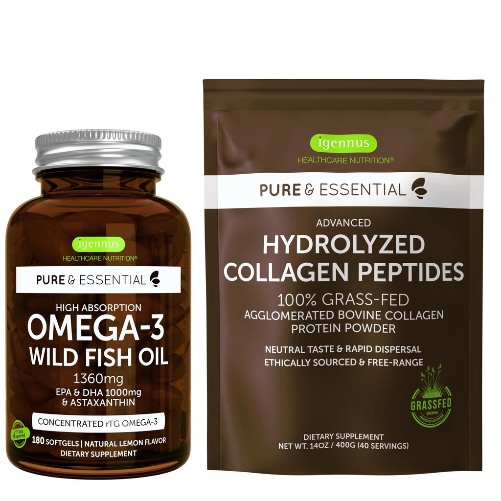 High Absorption Omega-3 Wild Fish Oil 1360mg & Advanced Hydrolyzed Collagen Peptides Bundle, 1000mg EPA & DHA with Astaxanthin & 100% Grass Fed Bovine Collagen Protein Powder, by Igennus