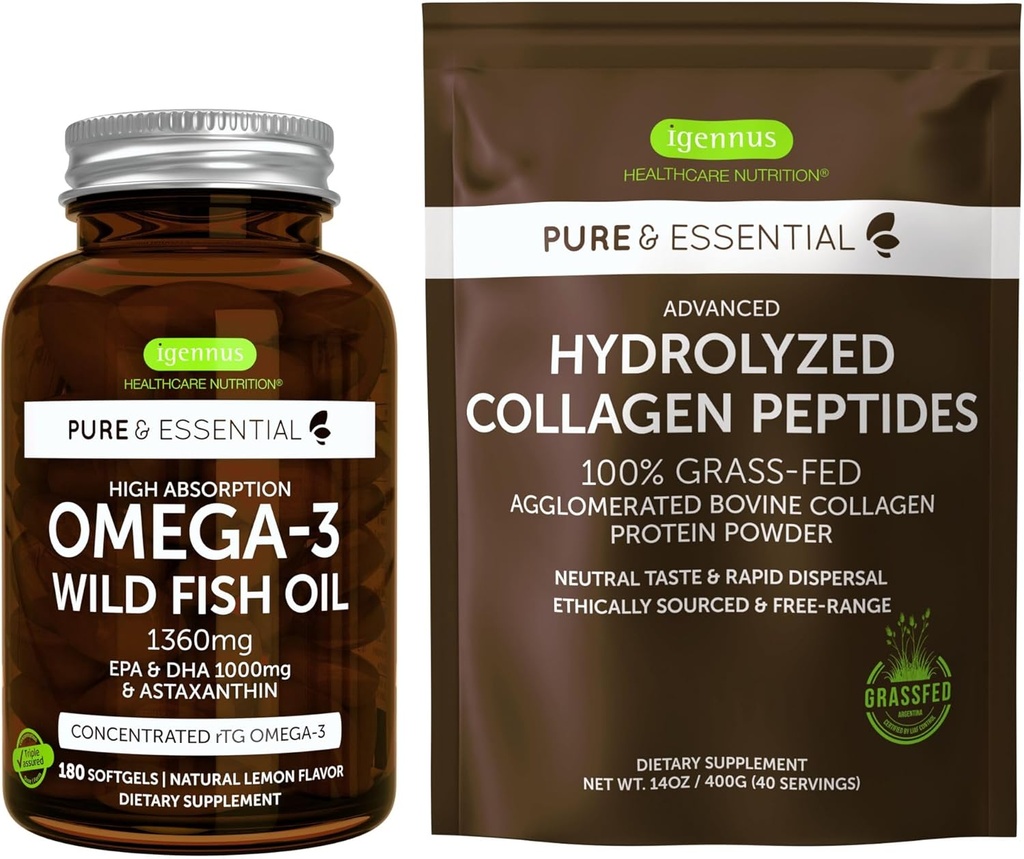 Omega-3 ulei de pește sălbatic 1360mg & Colagen peptide hidrolizate avansate, 1000mg EPA & DHA cu Astexantină & 100% Grass Fed bovine Colagen Proteine pulbere, de Igennus