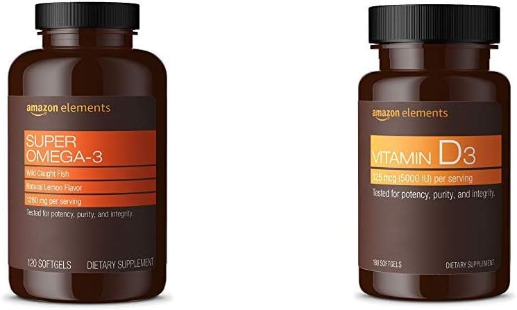 Elementai Super Omega-3 su natūraliu citrinos skonio (120 Count) ir vitamino D3 (180 Softgels)